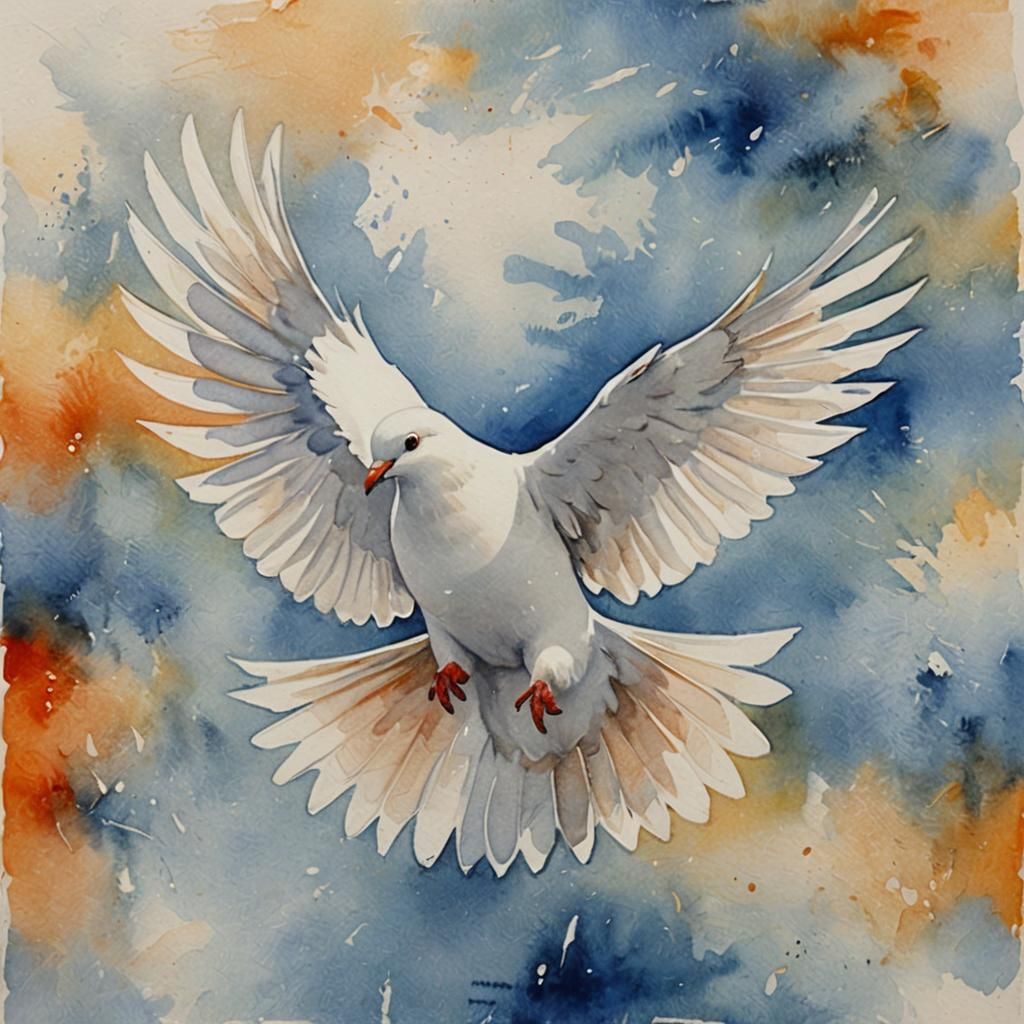 White Pigeon Flight in Abstract Watercolour Style
