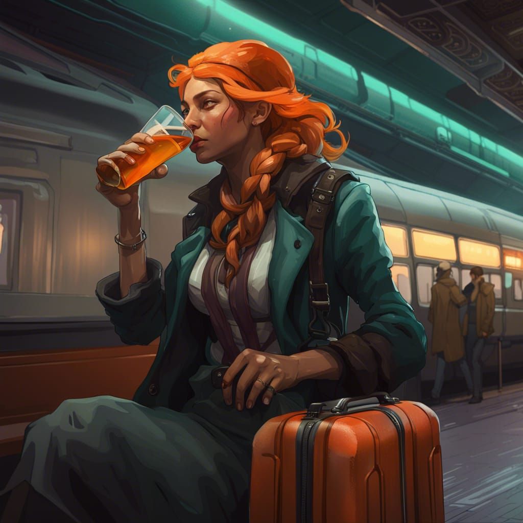 Lovecraftian Woman at Train Station in Art Nouveau Style