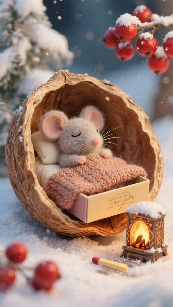 Adorable Felt Mouse Cozy in Nutshell Bed