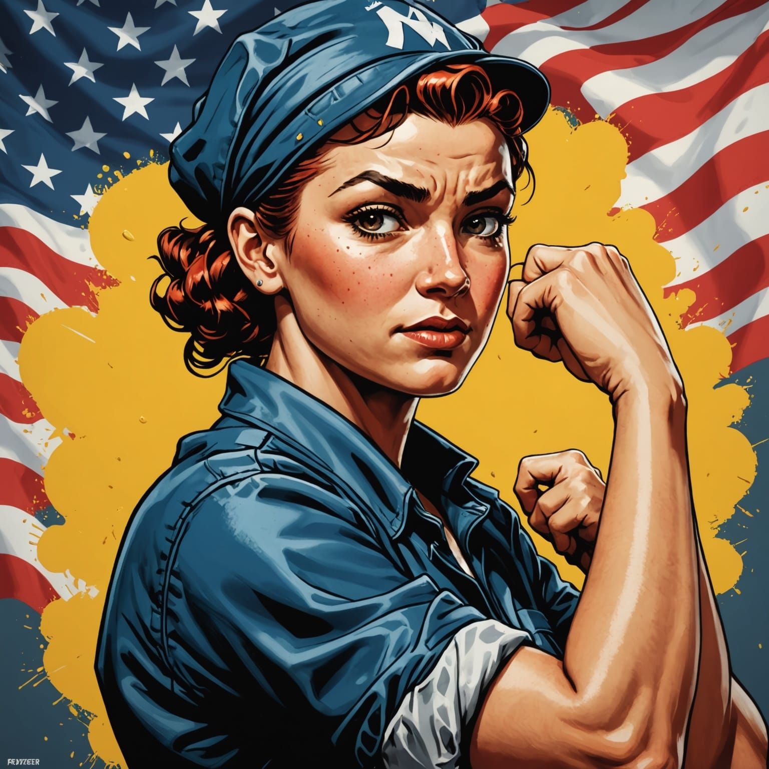 Cyberpunk Inspired Anime Art of Rosie the Riveter in Flat St...