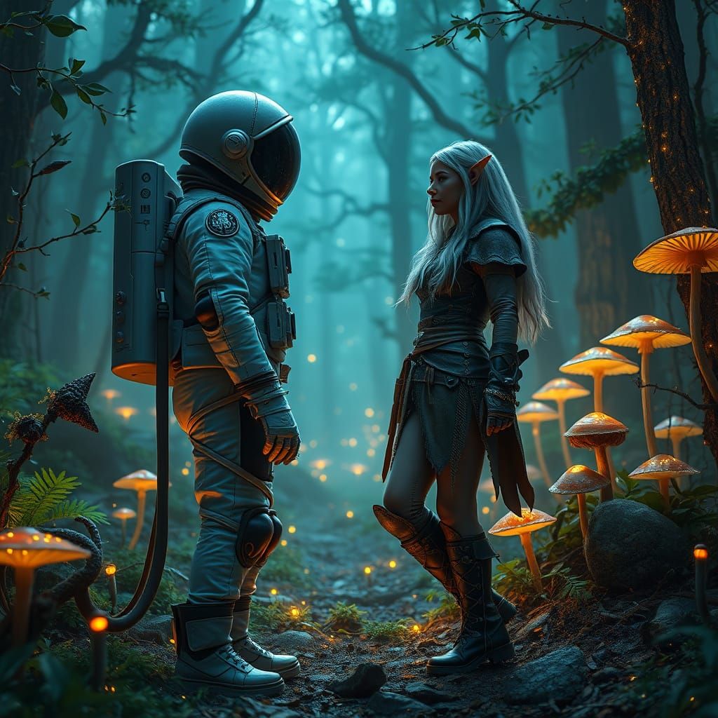 Astronaut Stands in Awe Amidst Glowing, Otherworldly Forest