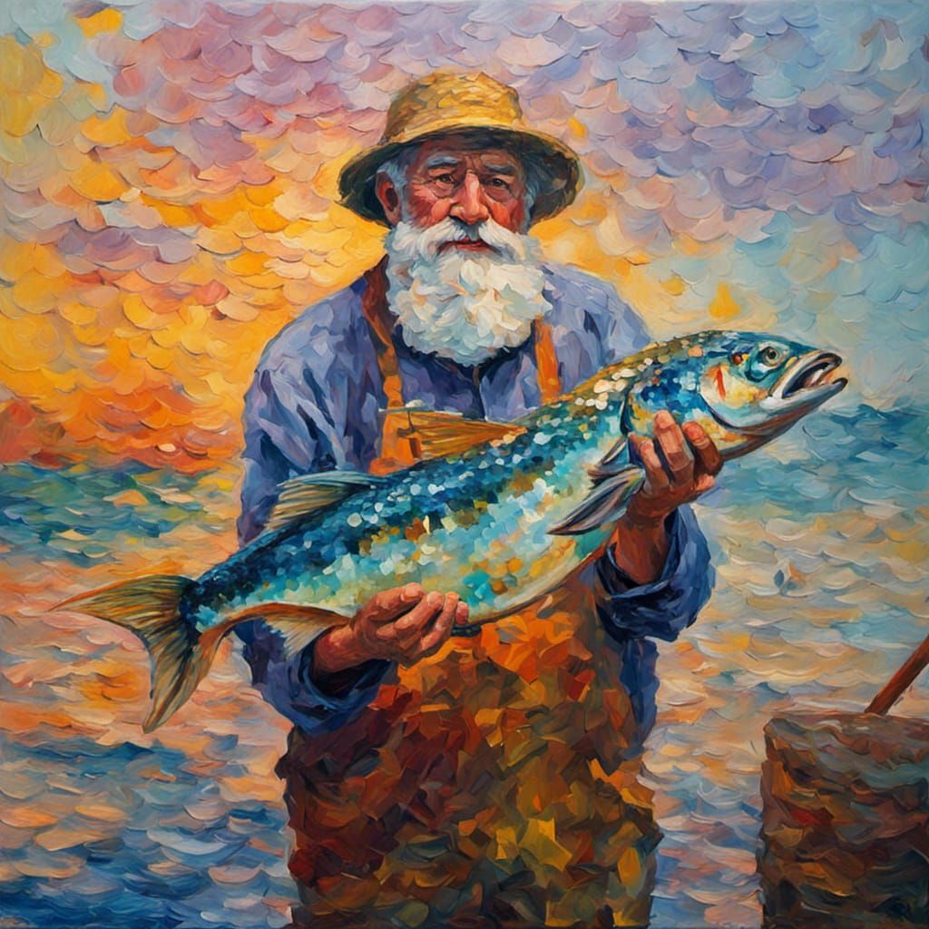 Fisherman and Fish: Expressionist Oil Painting