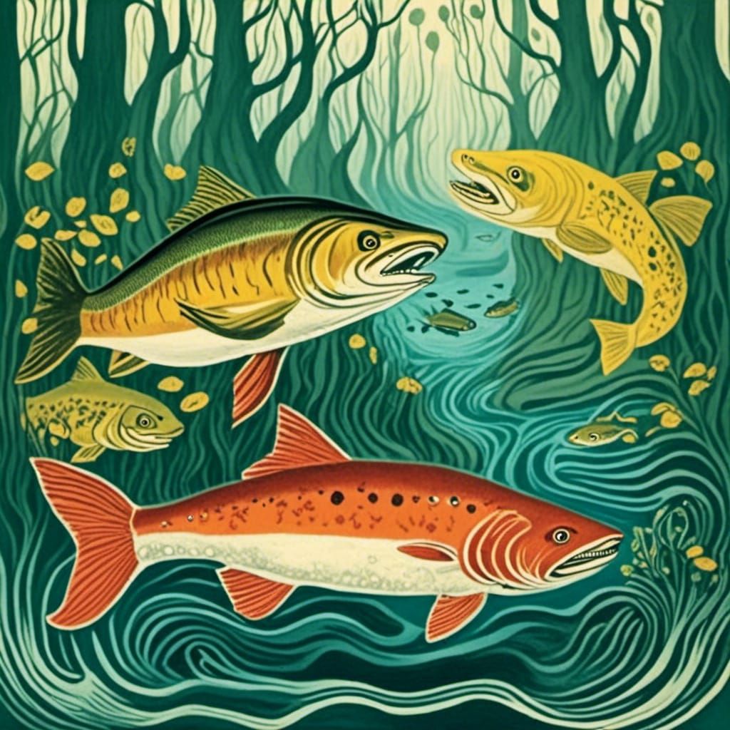 Salmon Swimming Upstream in Woodcut Style