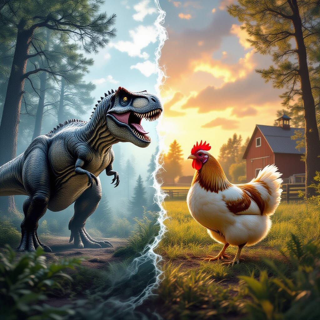 Dinosaur and Chicken Split: Ancient Forest Meets Farm
