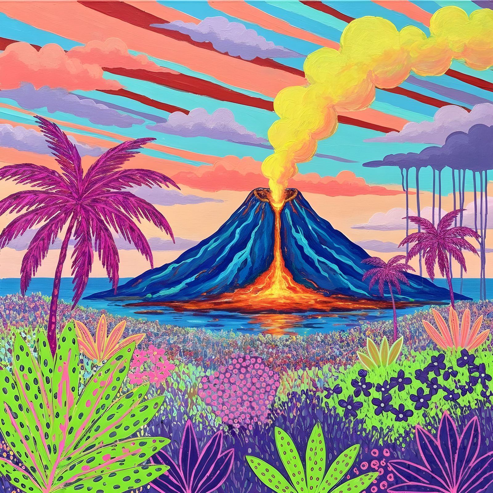 Fantastical Volcanic Island Landscape Painting with Explosiv...
