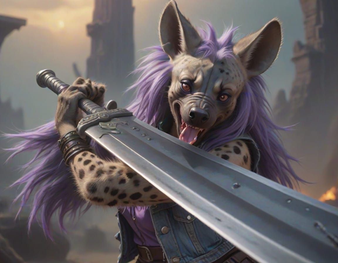 Furry She-Hyena Wields Massive Sword in a Surreal Nightmare....