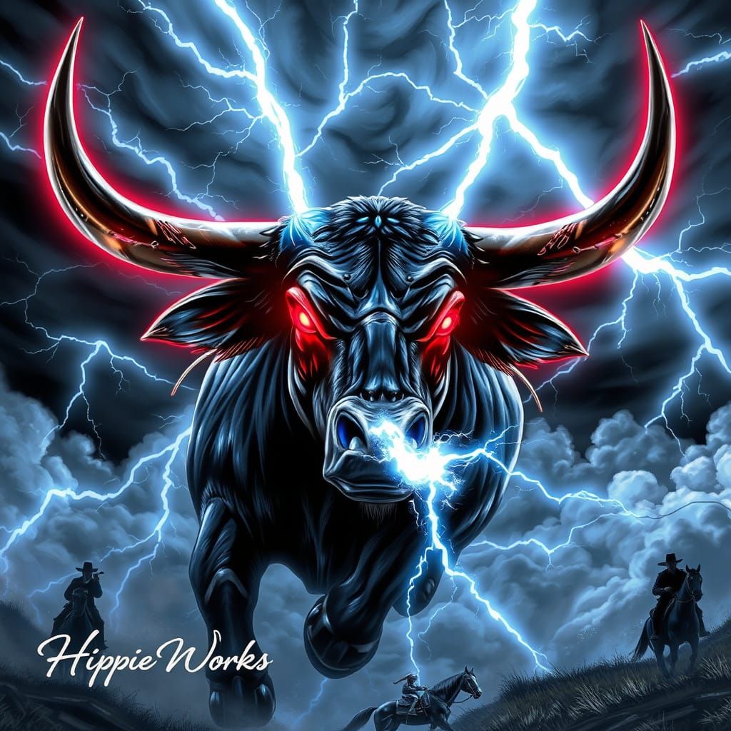 Colossal Bull Soars Through Lightning Storm Sky