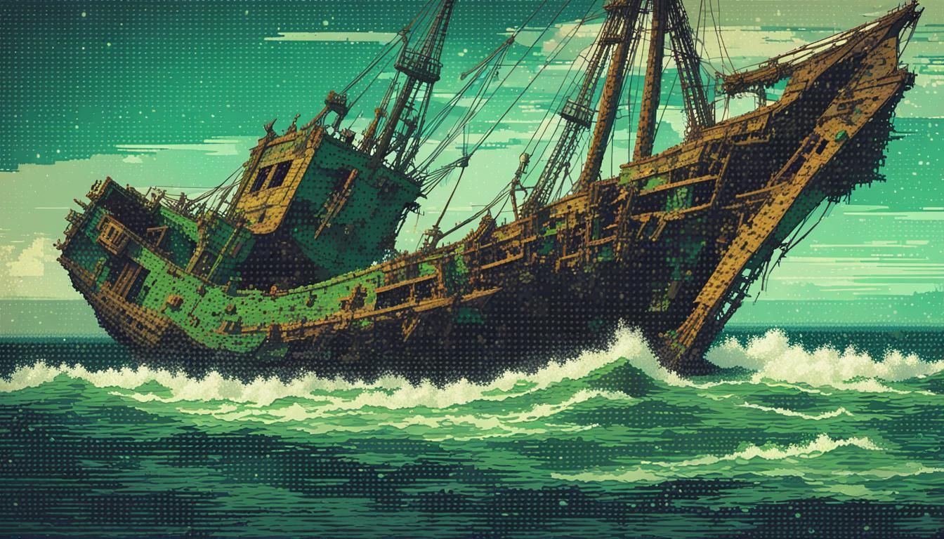 Pixelated Shipwreck: Retro Brigantine in Green RGB