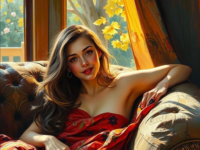 Sensual Young Woman in Warm Light, Renoir-Inspired Impasto O...