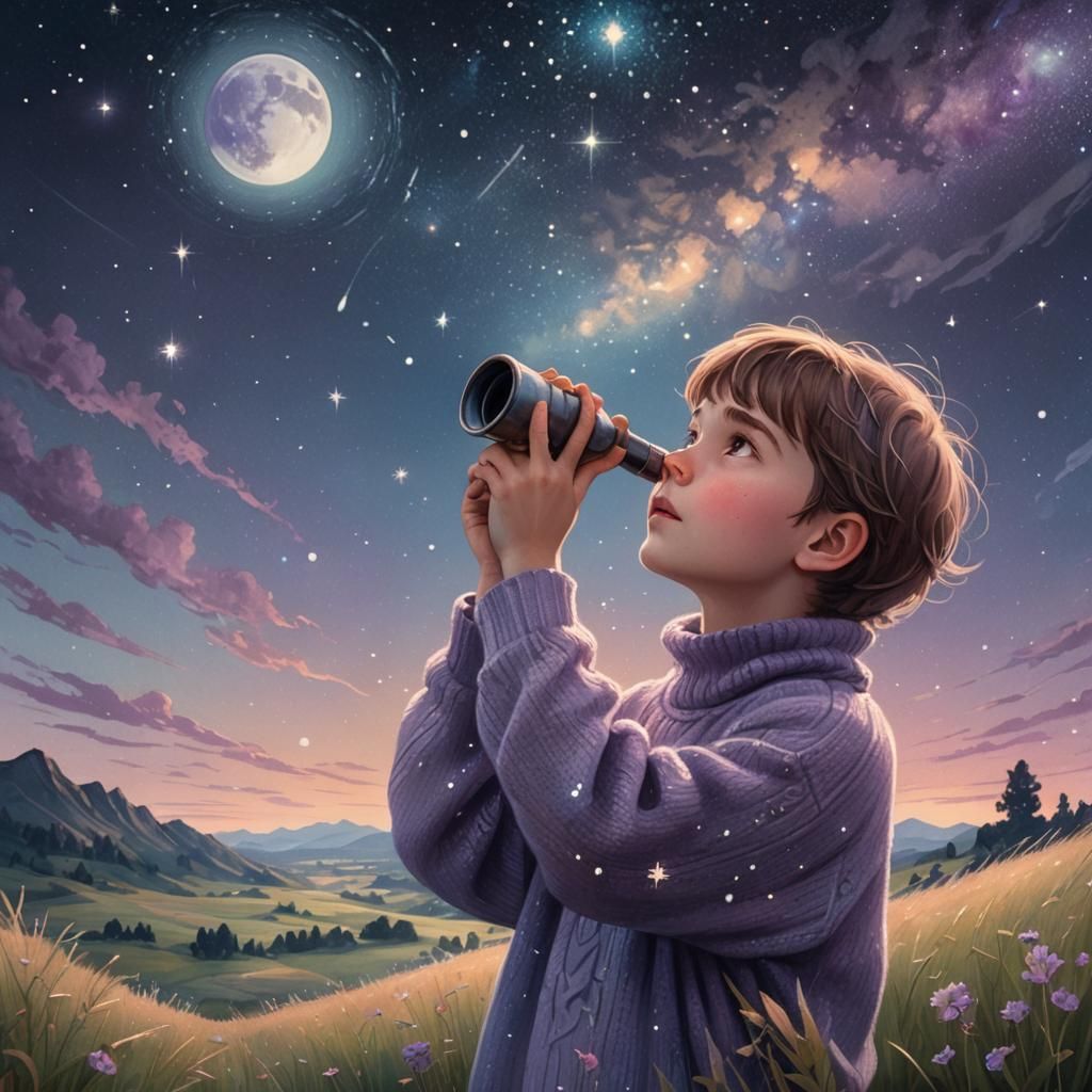 Child Stargazer in Art Nouveau Style