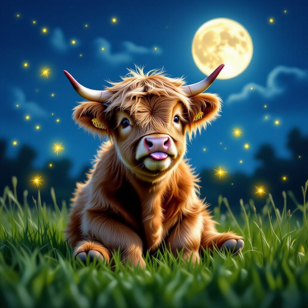 Highland Calf Reaching for Fireflies Under Moonlight