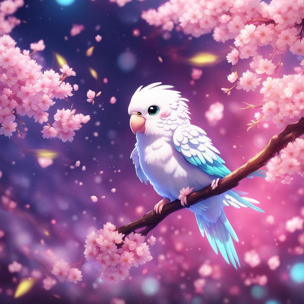 Cute Chibi Parakeet with Cherry Blossoms