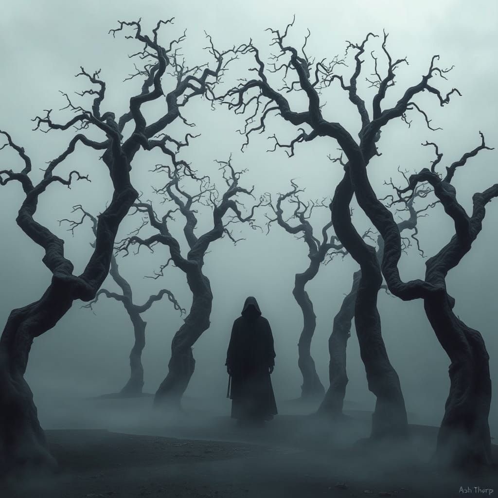 Mystical Figure Amidst Ancient Trees in Dark, Surreal Landsc...