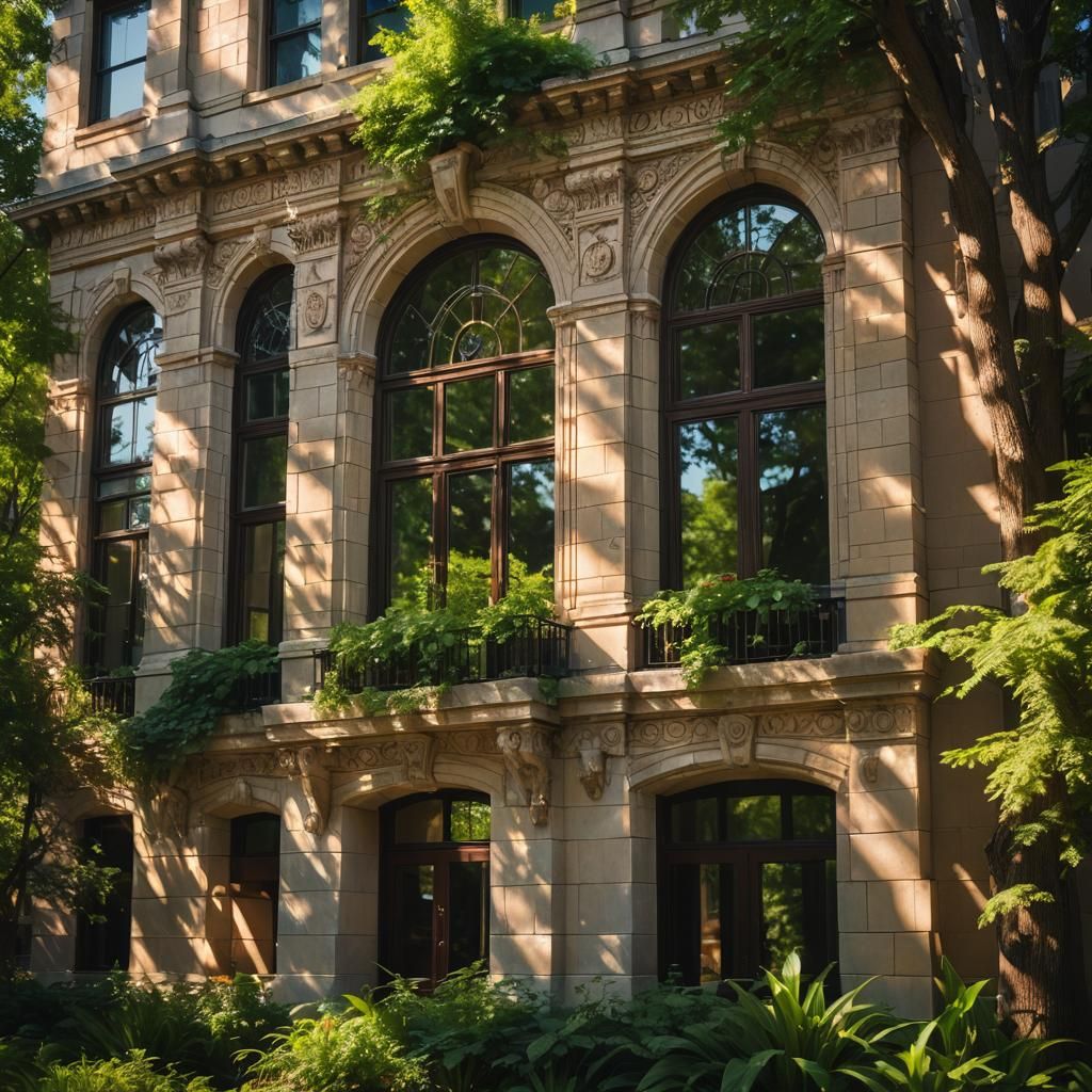 Kansas Building Reflecting Sunlight in Lush Landscape