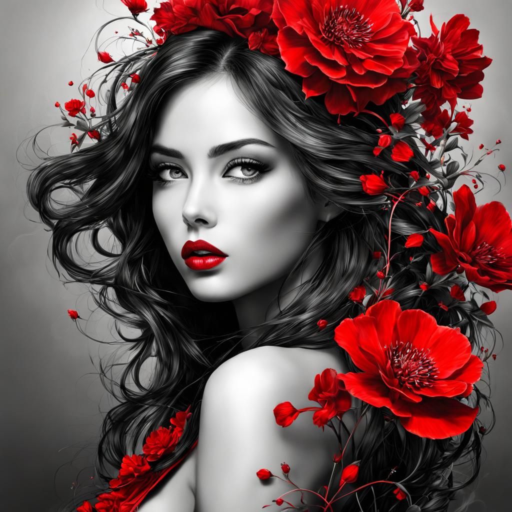 Woman in Black and White with Red Flower