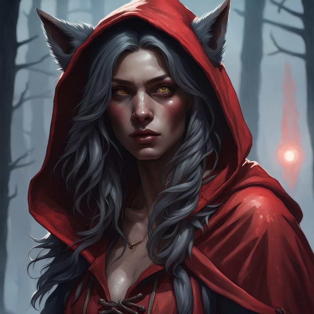 Werewolf Portrait in Red Cloak, Detailed Art