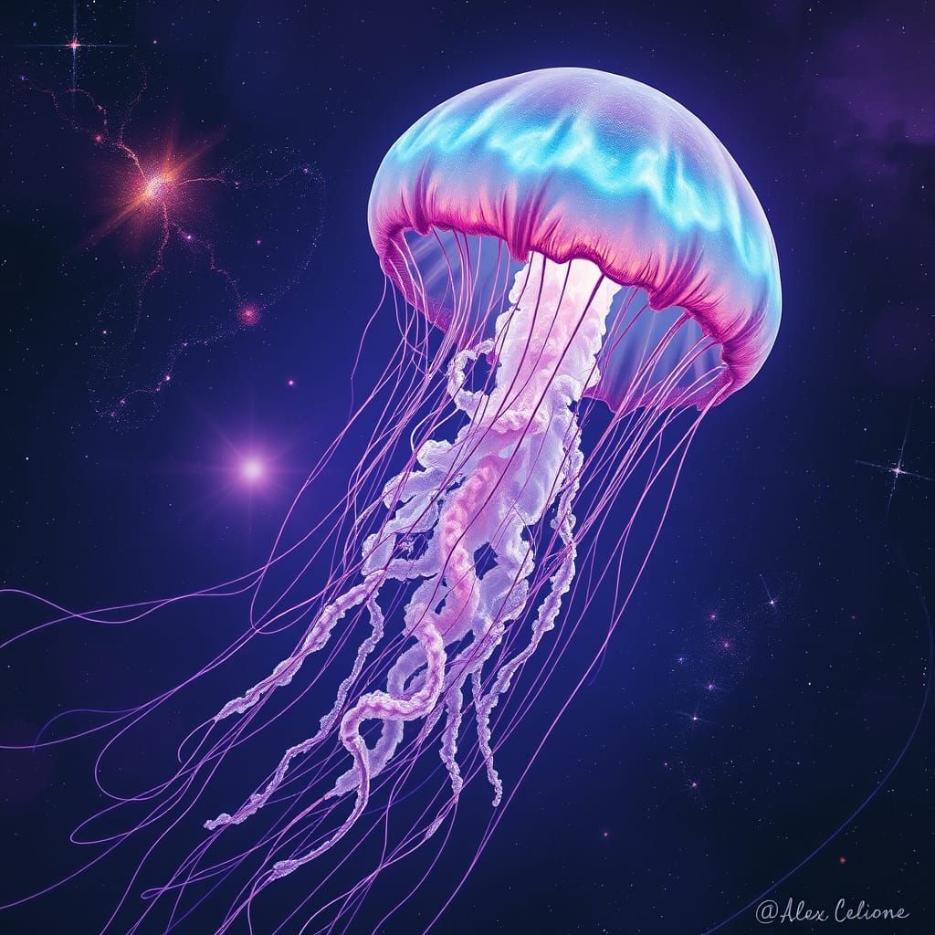 Bioluminescent Jellyfish Drifting Through Space, Psychedelic...