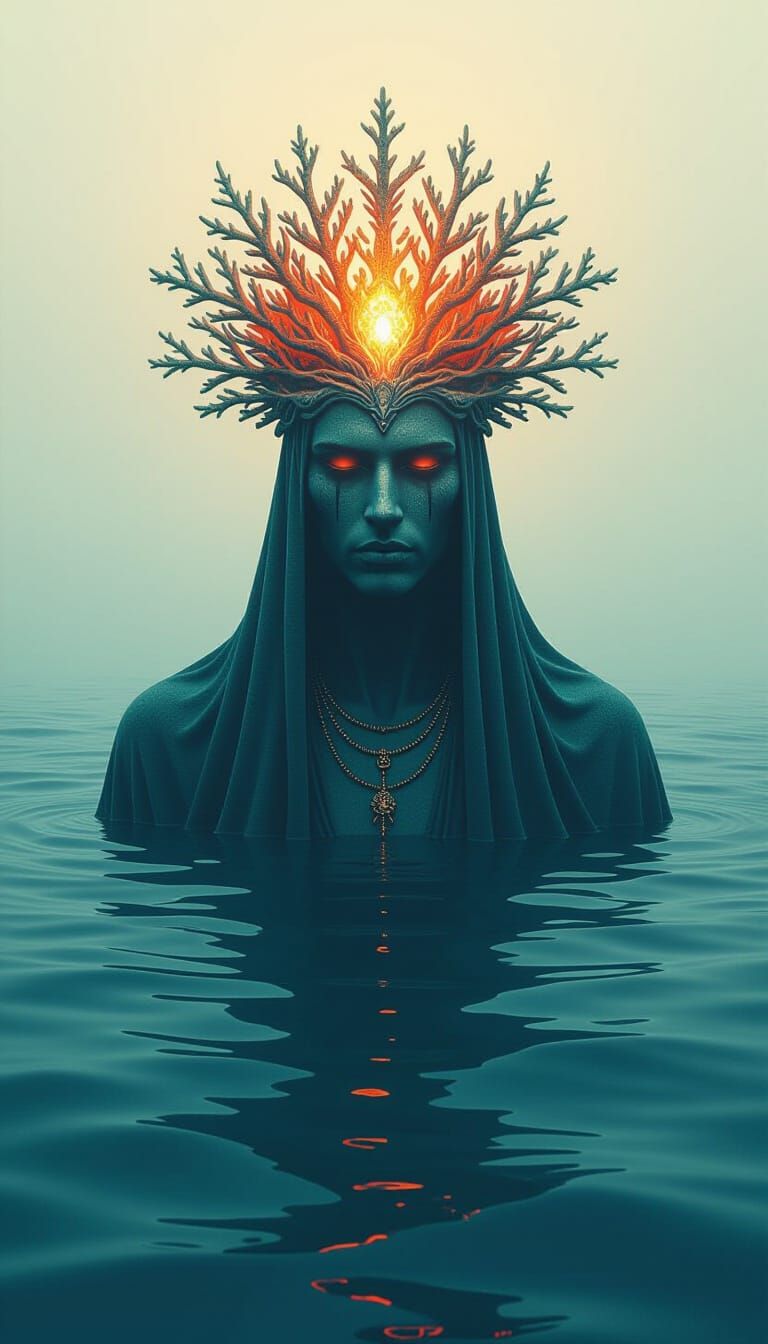 Primordial Sea Figure with Coral Crown and Glowing Algae