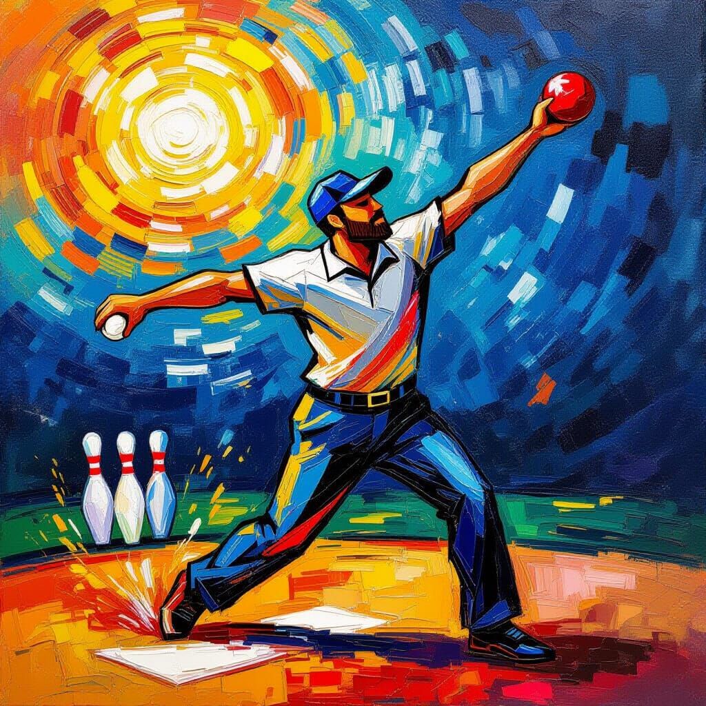 Jubilant Bowler's Perfect Strike in Oil and Acrylic