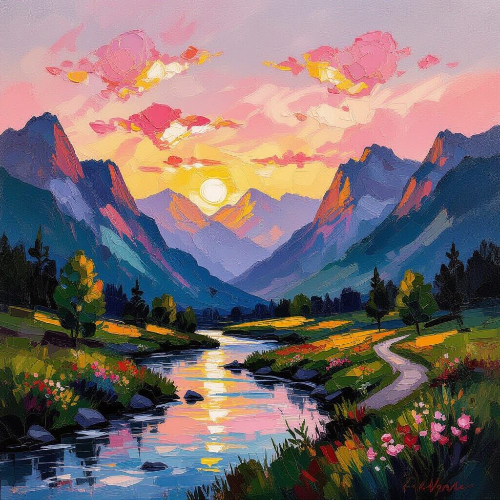 Tranquil Mountain Valley Sunset in Impressionist Oil Paintin...