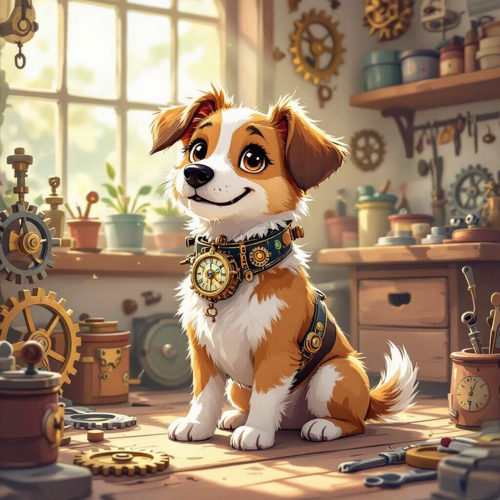 Steampunk Dog with Clockwork Collar in Workshop