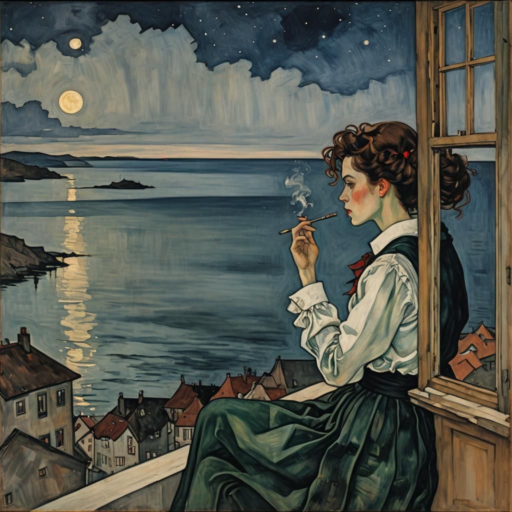 Girl Smoking by the Sea, in Schiele Style