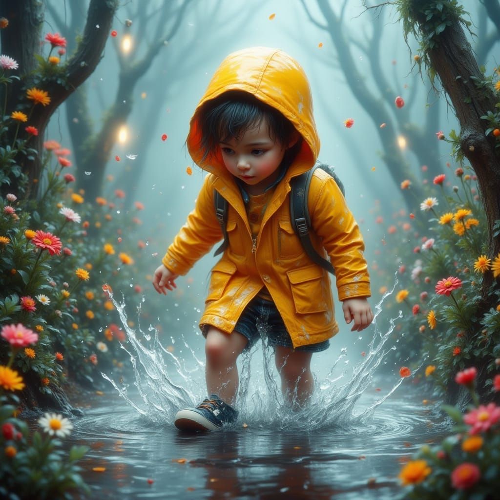Whimsical Futuristic Boy Splashing in Puddle amidst Vibrant ...