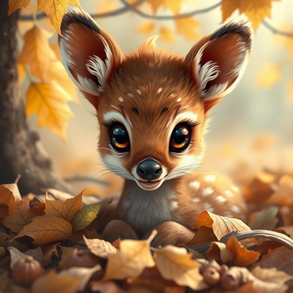 Cute Autumn Fawn in Leaves Illustration