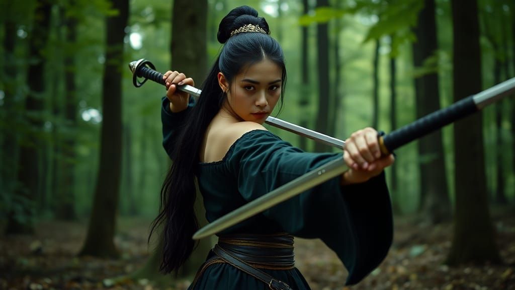 Elegant Warrior in Forest Combat Stance