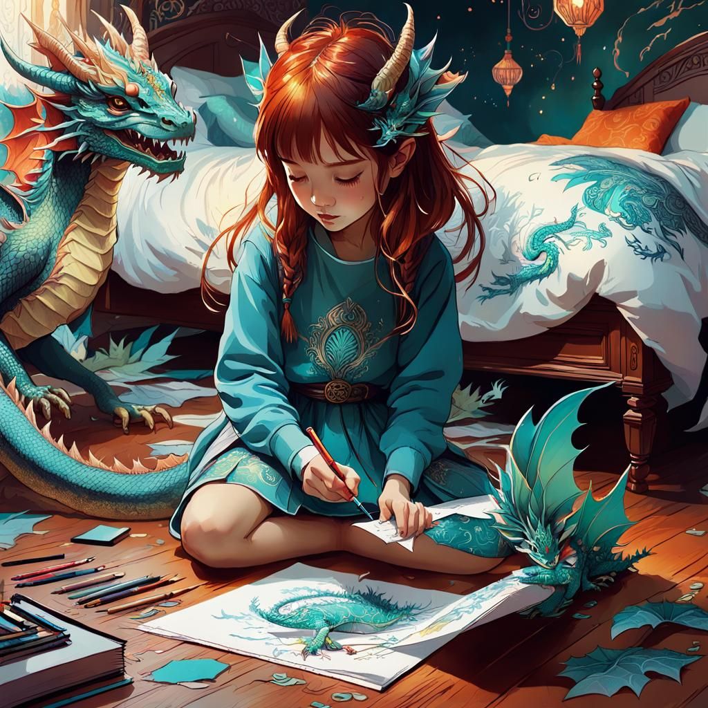 Girl Drawing with Dragons: Psychedelic Digital Art