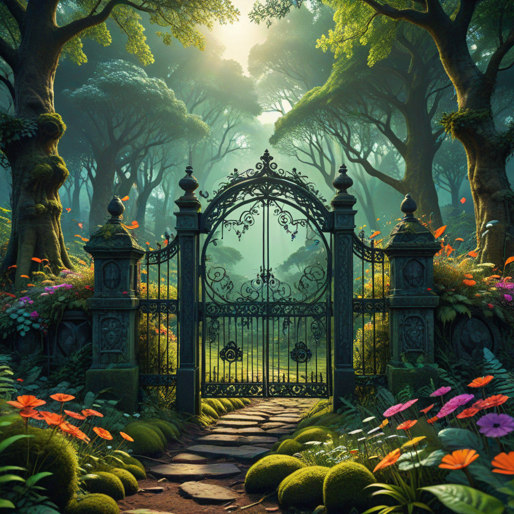 Surreal Forest Sanctuary with Vibrant Fractal Graveyard