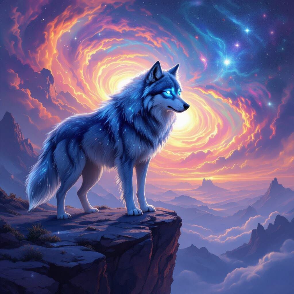 Majestic Wolf Overlooking Cosmic Galaxy in Fantastical Style