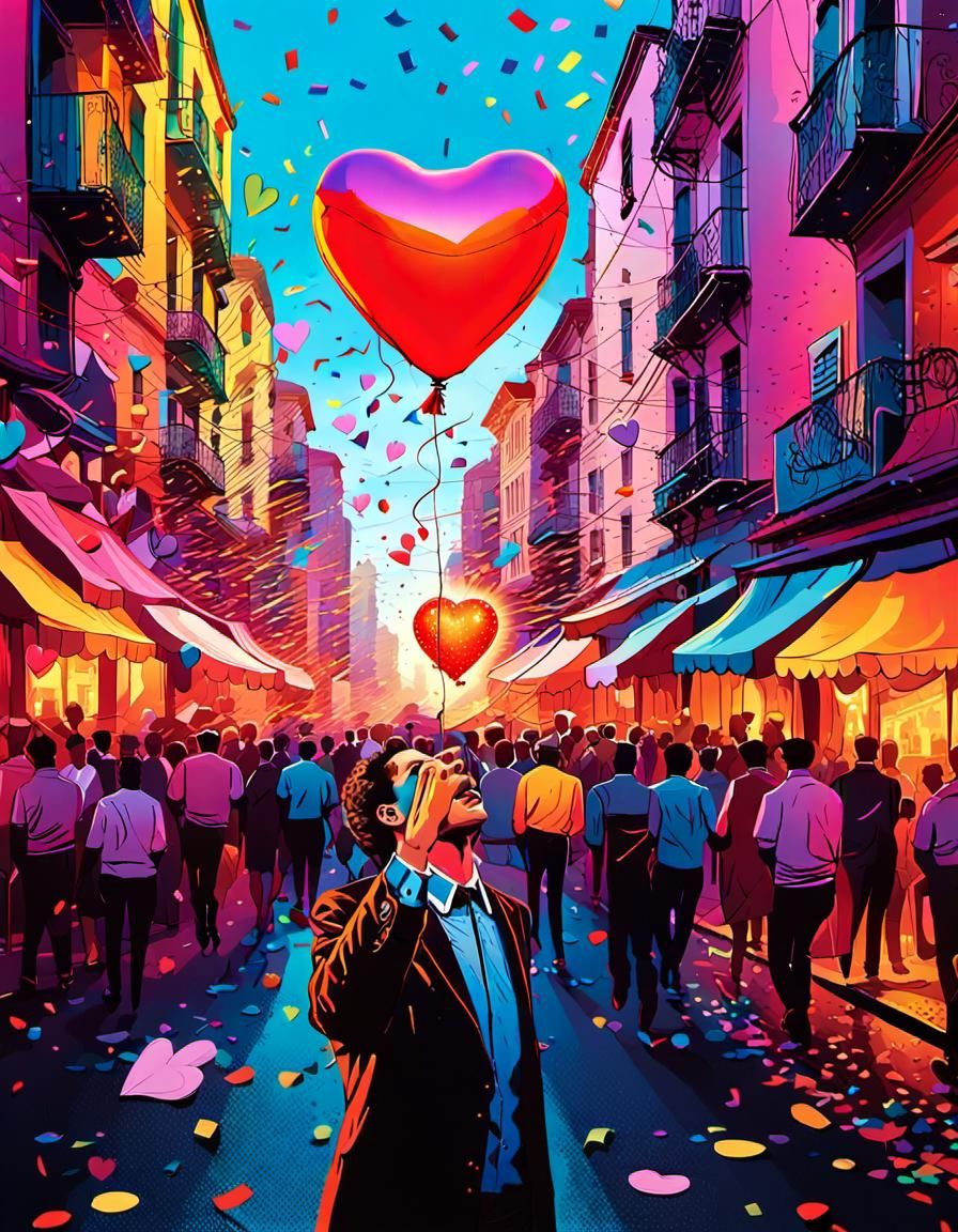Vibrant Pop Art of Heart Balloon in City