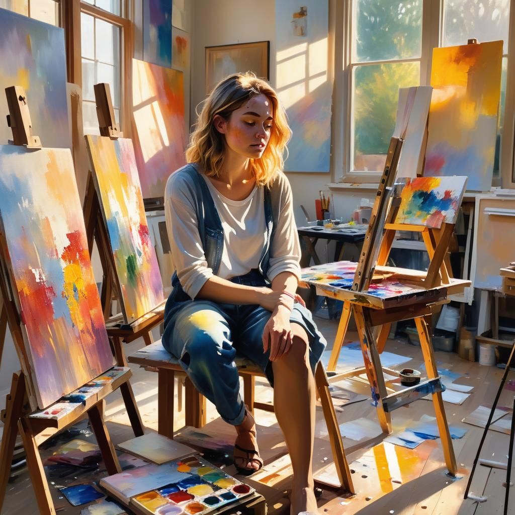 Young Artist in Studio: Impressionist Oil Painting