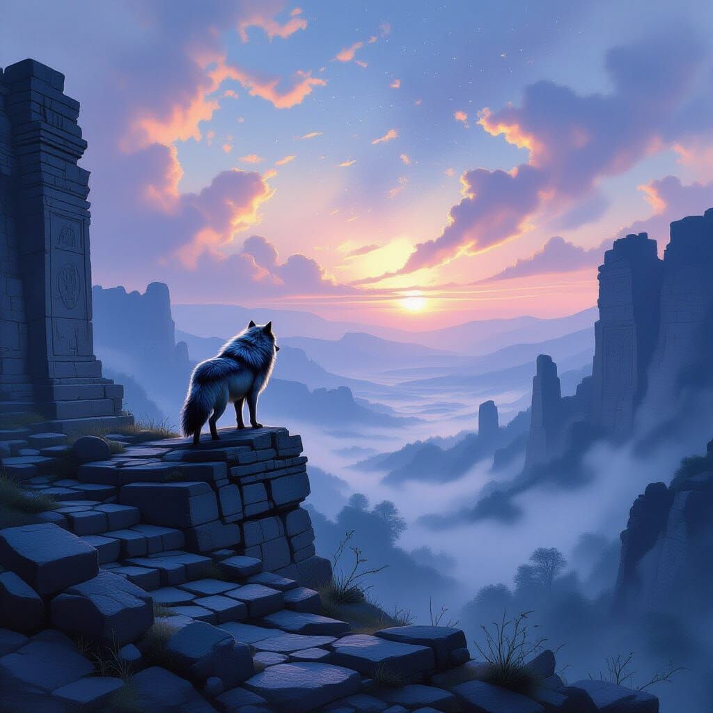 Lone Wolf Overlooking Misty Valley at Twilight