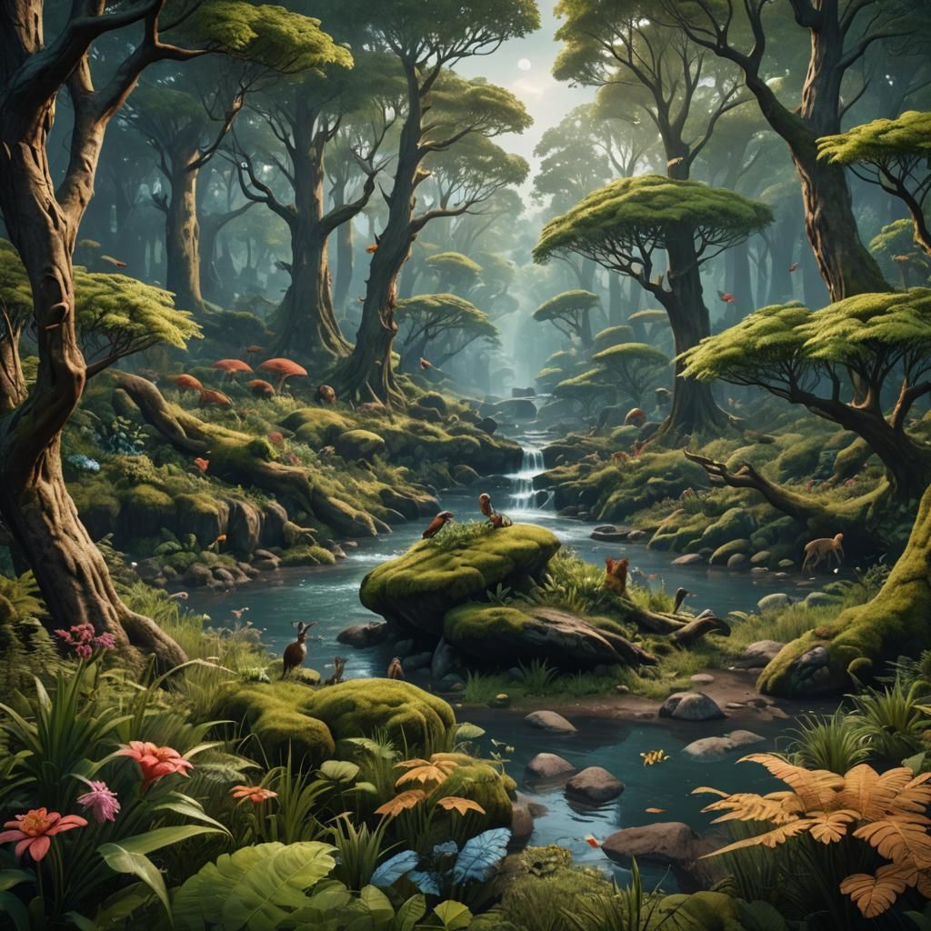 Lush Forest Landscape with Wildlife in Detailed Matte Painti...