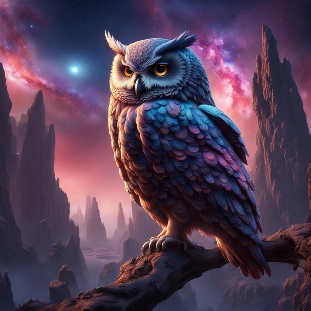 Fantastical Galaxy Owl Digital Art in Deep Color