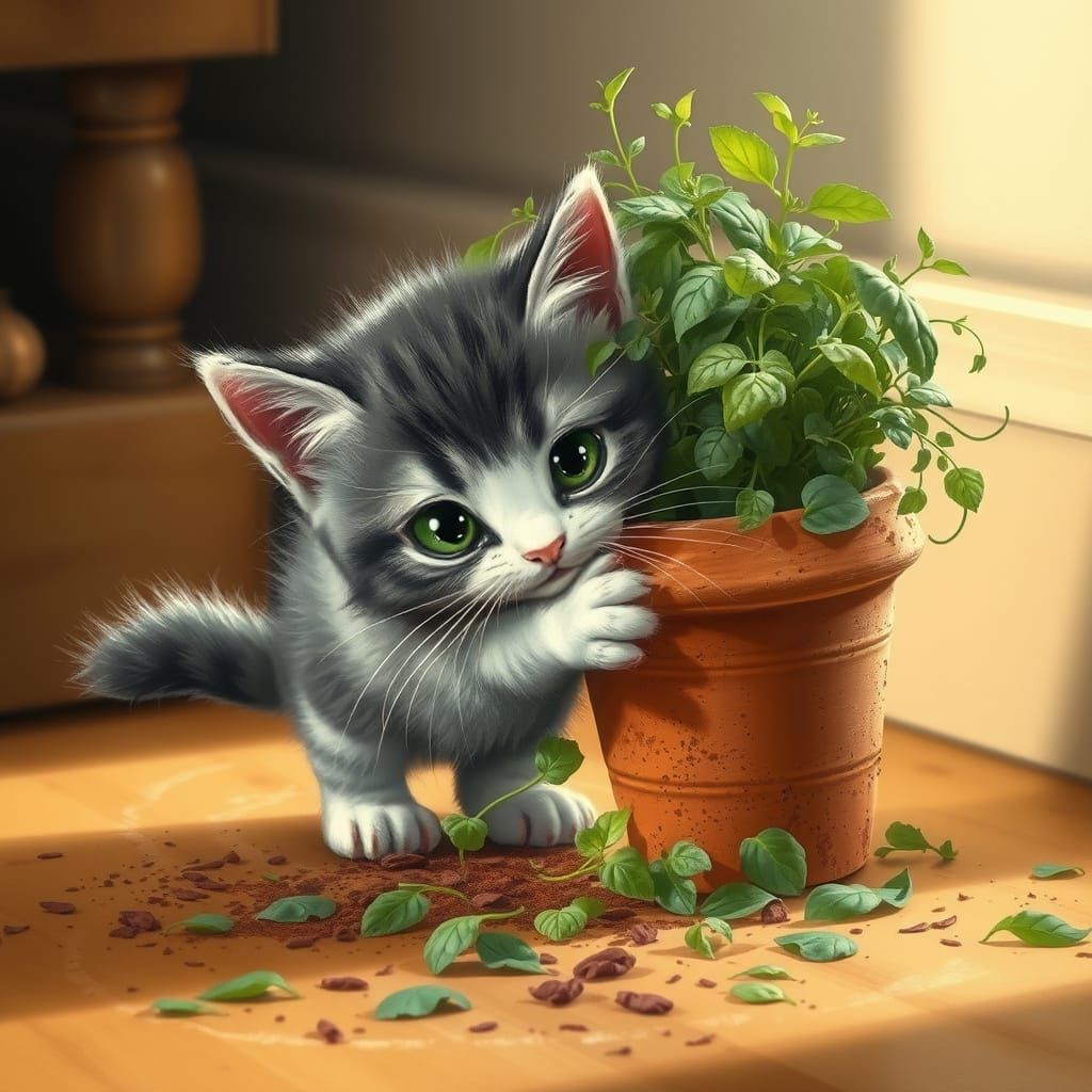 Whimsical Grey Kitten in Sunny Garden Scene