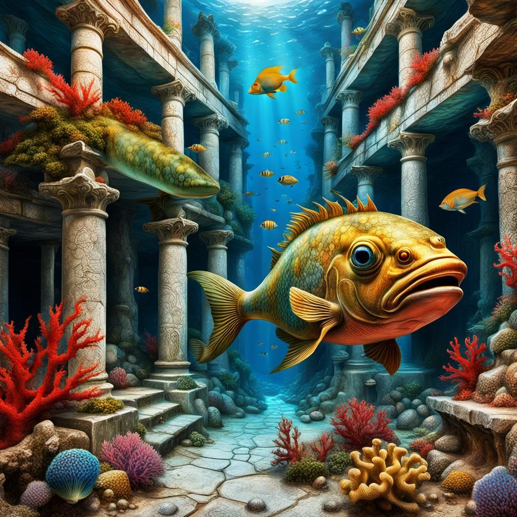 Dystopian Underwater Greek Village with Mermaid