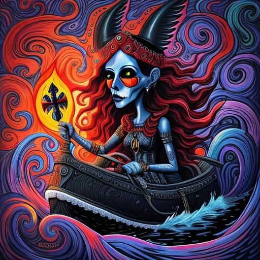 Charon Ferries a Soul in Folk Art Style