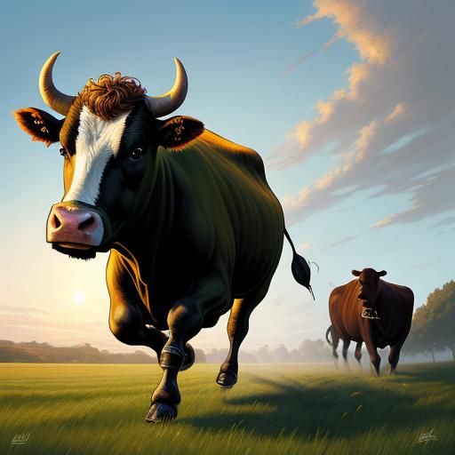 Cow Running in Field: Comic Book Style Art