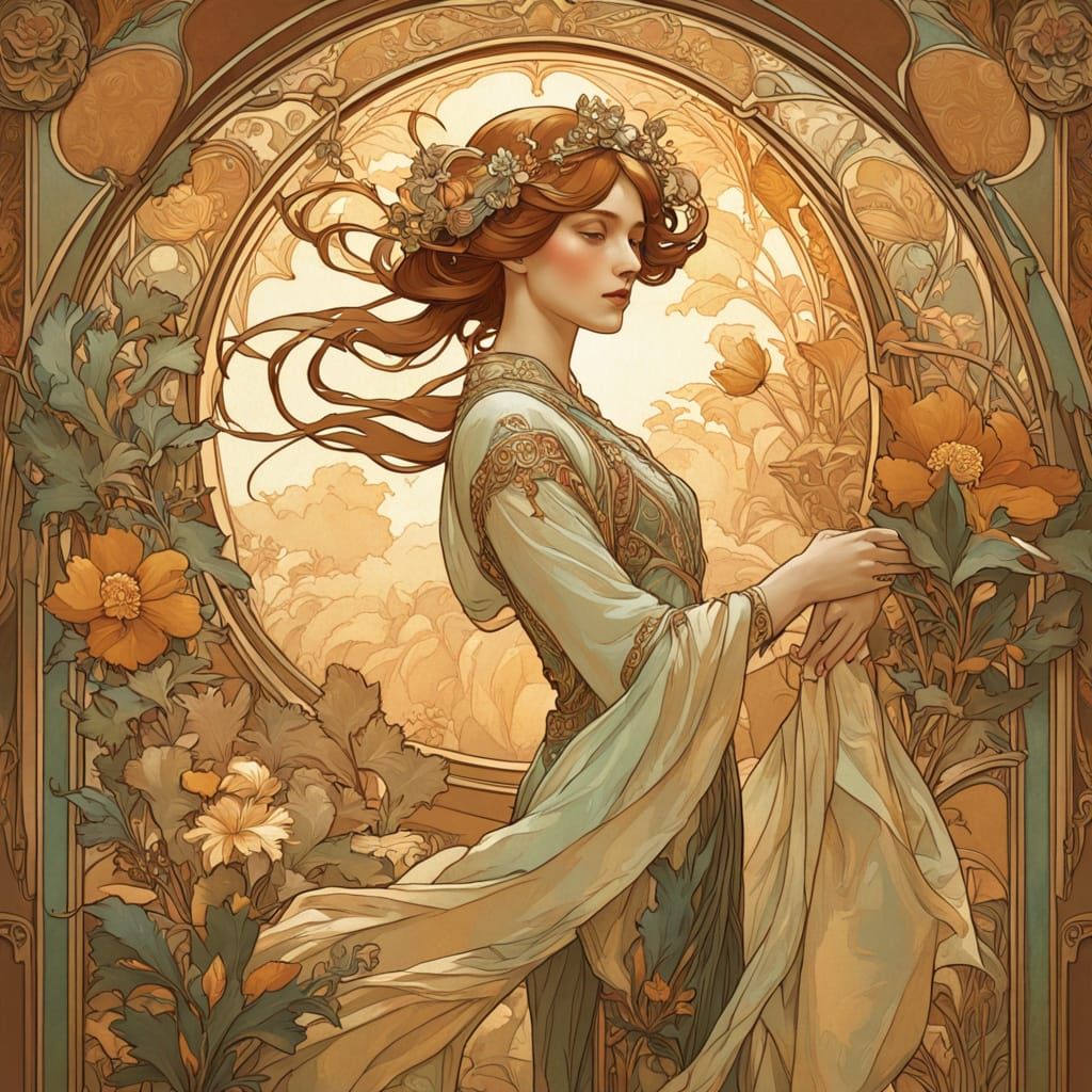 Woman in Sunlit Room with Art Nouveau Accents in Vibrant Imp...