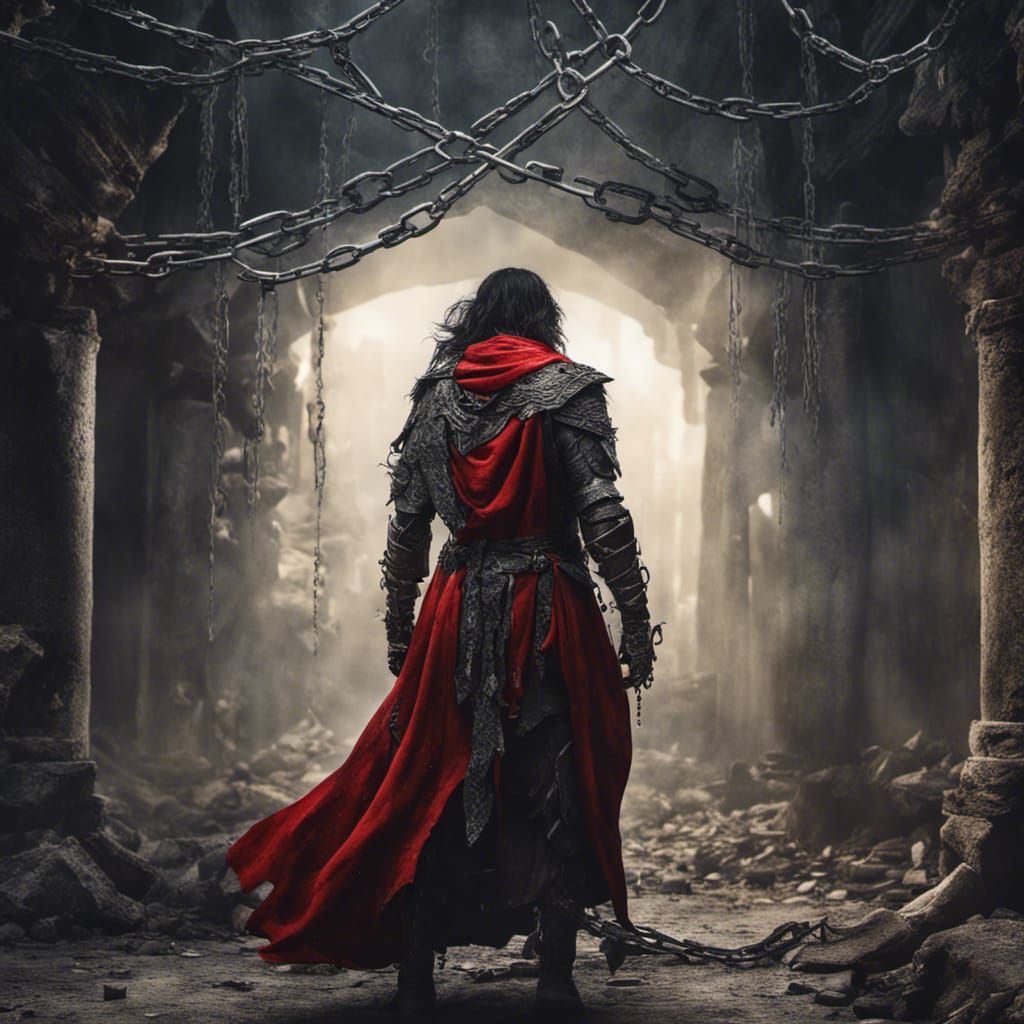 Hyperrealistic Knight with Flowing Hair and Chains