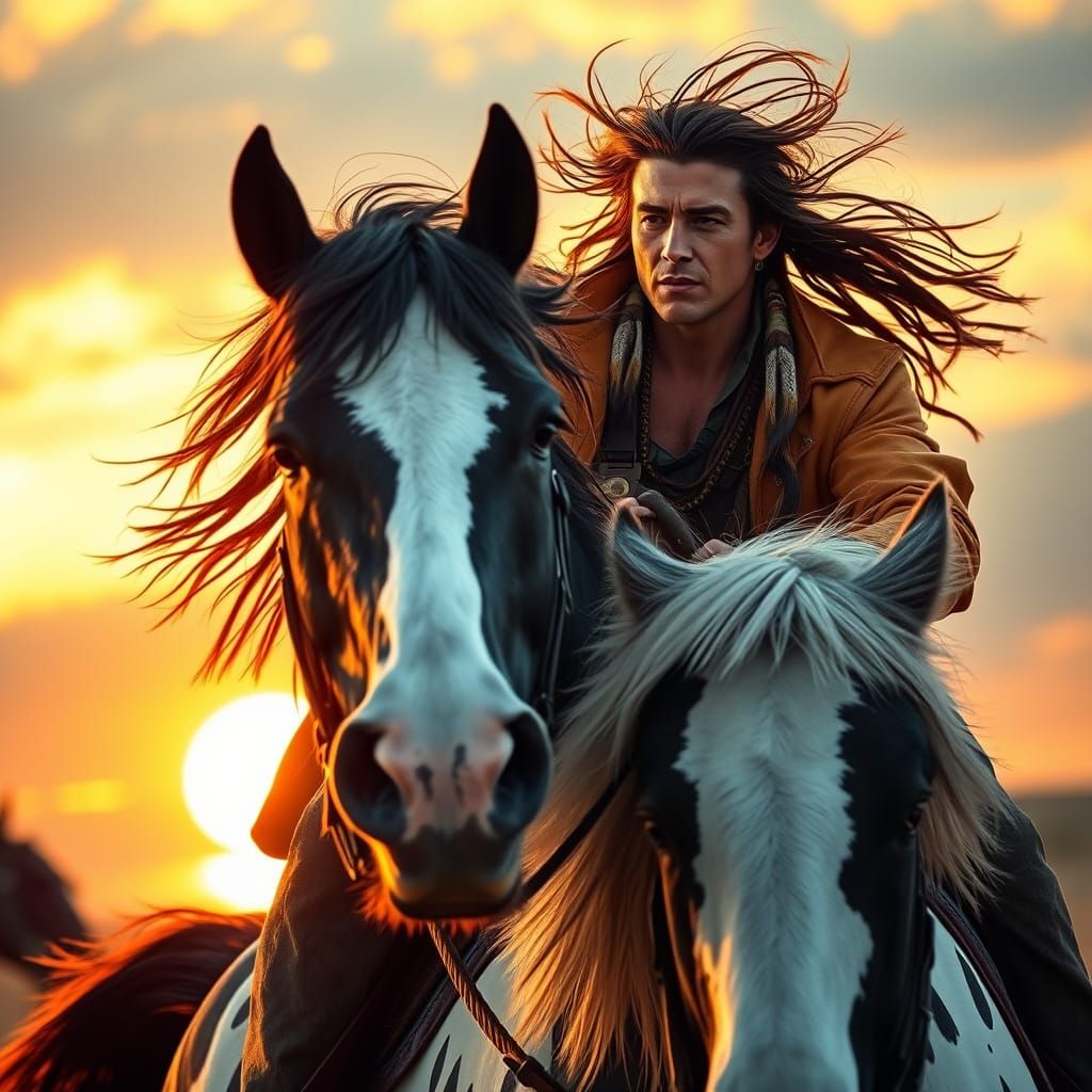 Handsome Native American Warrior on Appaloosa Horse in Sunri...