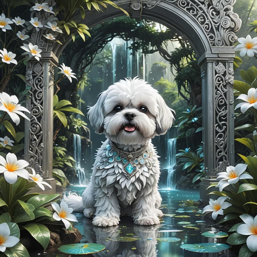 Iridescent Jungle Portal with White Bichon Shih Tzu