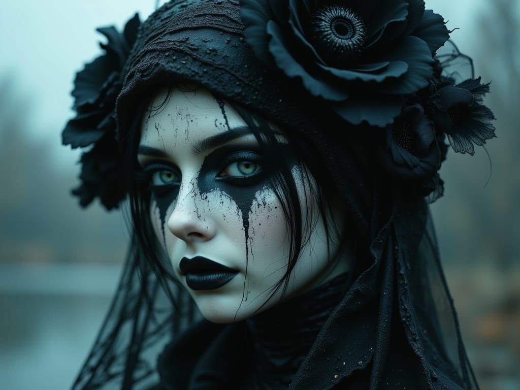 Gothic Woman Amidst Surreal Blooms in Moonlit Noir