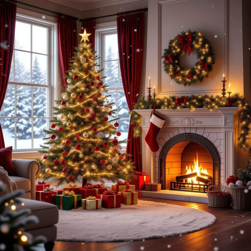 Cozy Christmas Living Room with Glowing Tree and Fireplace