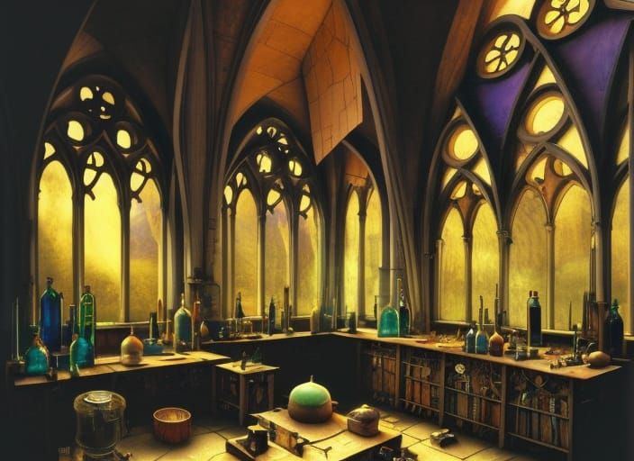 Alchemist Workshop with Gothic Arches and Colorful Details