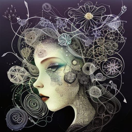 Intricate Textile Art Portrait of Woman with Flowers