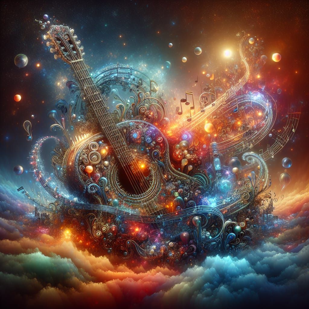 Crystal Music Notes Dance Around Guitar